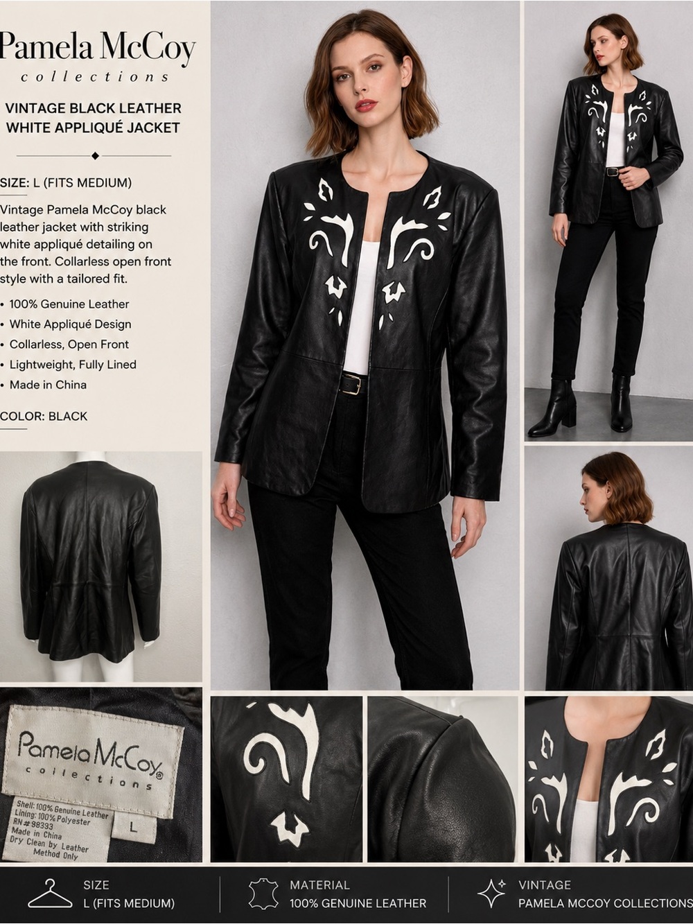 Vintage Pamela Mccoy Black Leather Jacket White Appliqué